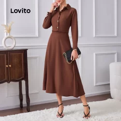 Lovito Tops ou calças frontais elegantes com botões lisos para mulheres LBL23639