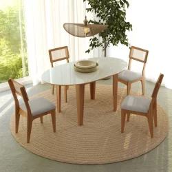 Conjunto Sala de Jantar Mesa Nature Extensível com 4 Cadeiras Tela Sintética Freijó/Off White/Bege Claro Rústico