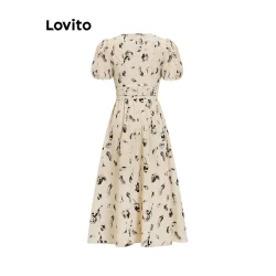 (Trendy) Lovito Vestido Elegante Vestido Floral Plissado Para Mulheres LNL37144 (damasco)