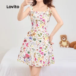 Lovito Vestido Multicolorido Fofo Com Gravata Tropical Frontal Plissada Verão Primavera Para Mulheres L136AD016