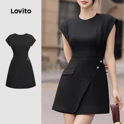 Lovito Elegante Linha De Estrutura De Envoltório Liso Verão Primavera Vestido Preto Para Mulheres L134ED202