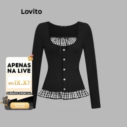 (Live Hosts' pick) Lovito Camiseta Fofa De Tecido Xadrez Com Costura E Botão Frontal Colorblock Para Mulheres L106AD938