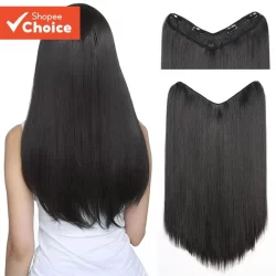 Clip de Extensão de Cabelo Sintético 45cm Forma de V Ondulado Liso Preto Natural para Mulheres