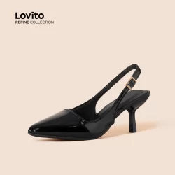 (Lovito Refine) Elegante mulher lisa couro envernizado preto ponta pontiaguda salto agulha para mulheres LFAR10401