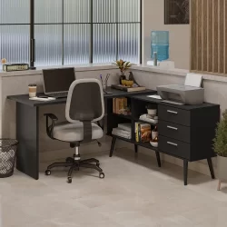 Mesa de Escritório em L 3 Gavetas Preto Lisboa Madesa