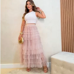 Saia de Tule Midi Comprida Longa Elegante e Elastica com Babado