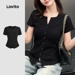 Lovito Camiseta Preta Casual Com Botão Liso Dividido Na Frente Primavera/Verão Para Mulheres L135A2D216