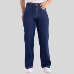 Calça jeans feminina wide leg pantalona cintura alta azul escuro 100%