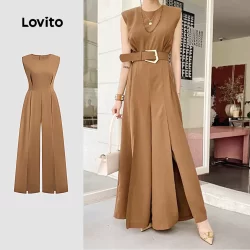 Lovito Macacão Elegante Com Estrutura Frontal Dividida, Macacão Marrom Verão/Primavera Para Mulheres L134ED245