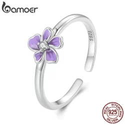 Bamoer 925 Sterling Sliver Ring Design Flor Púrpura Anel De Abertura Jóias Para Presentes Femininos