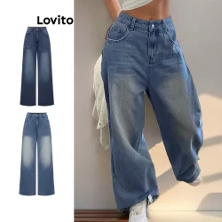 Lovito Jeans de bolso feminino com bigodes de gato lavados e lisos casuais L95ED804(Multicolorido)