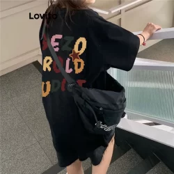 (Trendy) Lovito Camiseta Casual Com Estampa De Letras Para Mulheres LNA26111 (Preto)