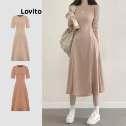 Lovito Vestido casual liso de textura delicada, macio e confortável para mulheres L89MD012(Multicolorido)
