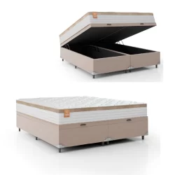 Cama Box Baú Casal Queen Colchão Molas Ensacadas Real 158x198x68cm Branco / Bege - Suporta até 130Kg