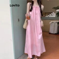 Lovito Casual Vestido Feminino Liso de Ombro Vazado LNE55573