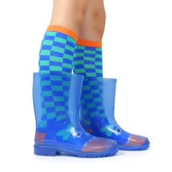 KIT Galocha & Meia Infantil Menino Transparente Azul Botinha Masculina Meia Monstrinho Xadrez Camin