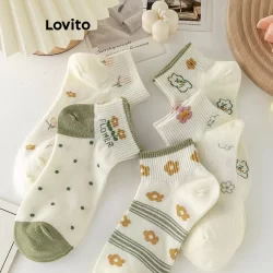 Lovito Casual Meias Femininas Estampa Ditsy Floral LNA34082 (Multicolorida/Branca/Rosa/Verde/Amarela)
