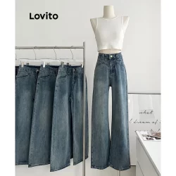 Lovito Casual Calça Jeans Feminina Lisa Alinhada Lavada com Costura no Tecido LNE22030 (Azul)