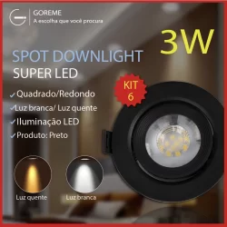 Kit 6 Luminária Spot Led Redondo Direcionável 3W Embutir Gesso Teto Preto | Luz Fria / Luz Quente Bivolt Spot Super LED