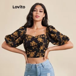 Lovito Blusa Casual Ditsy Floral Crop Blusa Para Mulheres LBE03065 (Preto)