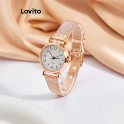 Lovito Relógio Casual De Quartzo Com Textura Lisa E Metal Digital De Quartzo Para Mulheres LNA13103 (Ouro Rosa)