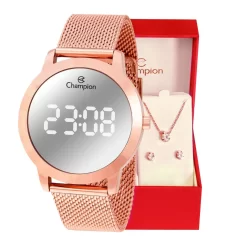 Relógio Champion Feminino Digital Espelhado Pulseira Mesh + Kit Colar e brincos Original À Prova D'Água Presente Moda Gift Aniversário Tendência Estilo Mulher Esposa Namorada Mãe Barato CH40106P