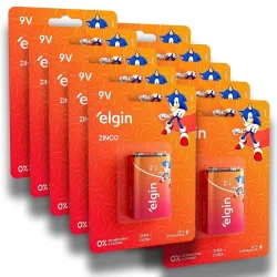 Pilha Zinco 9V Elgin Bateria 9 Volts Carvão 6F22 kit 10 unidades