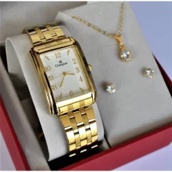 RELOGIO CHAMPION FEMININO QUADRADO DOURADO MEDIO CN20373W + KIT SEMI JOIA