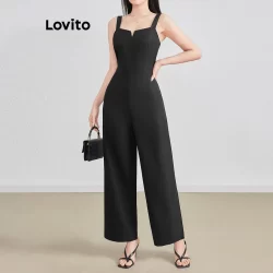 Lovito Macacão casual liso com frente dividida para mulheres L121MD541