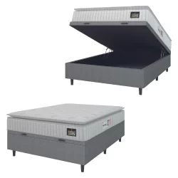 Cama Box Baú Colchão Casal Espuma D33 Vangogh Pillow Top 138x188x70cm Branco / Cinza Hellen