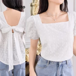 Lovito Blusa Boho Verão Ilhó Bordado Tie Back Blusa Para Mulheres L121MD159