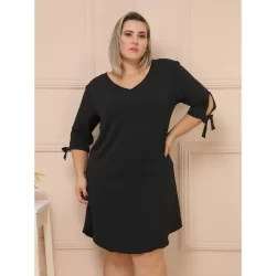 Vestido Curto Plus Size Manga Longa Gola V Elastex 48 Ao 54 COD/V46