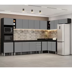 Armário de Cozinha Modulada de Canto 9 Peças CP04 Balcão Preto/Cinza - Lumil