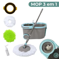 Balde Esfregão Spin Mop Giratorio 360 Com Cesto Inox Rodinhas Alça 3 Refis Limpeza Pesada Completo
