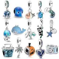 Berloques De Prata 925 Clássico Série Oceano Azul Pulseira Acessórios Octopus Dolphin Colar Pingente