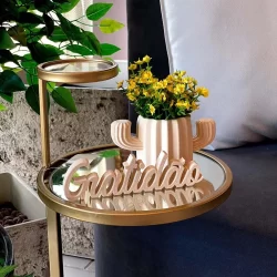 Cachepot em Formato de Cactus com Palavra Gratidão - Vaso para Cactus Suculentas