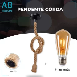 Pendente Corda + Filamento LED 1M Retro Vintage Rústico Sisal E27 Para Decoração Com Detalhes Pérola Preta
