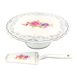 Prato Para Bolo Em Porcelana Com Pé E Espátula Mon Chéri Boleira Sobremesa