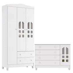 Cômoda Gran Selena e Guarda Roupa Infantil New Selena 3 Portas Branco Brilho – Carolina Móveis