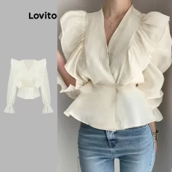 Lovito Blusa casual lisa com babados e bainha para mulheres L177AD873