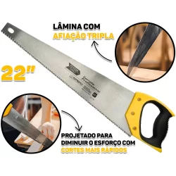 Serrote Profissional Cabo Plástico Emborrachado 22 Polegadas Carpinteiro Obra Construção Aço Reforçado Multiuso Fertak