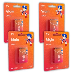 04 Pilha Bateria 9v Zinco Elgin 4 Cartela com 1 Para Brinquedo, Radio, Sensor
