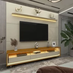 Rack com Painel para Tv até 90 Polegadas Led 3 Gavetas com Rodízios 220cm Royal/requinte 100% MDF Off White/Naturalle