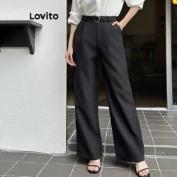 Lovito Calças elegantes lisas com cinto para mulheres L112ED860