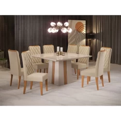 Conjunto Sala de Jantar Mesa Bela com 8 Cadeiras Iza  Off White/Mel/Bege