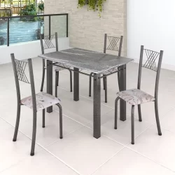 Conjunto Mesa com 4 Cadeiras Tampo de Granito Topázio Sara Yescasa Botanic Bege/Martelado Prata