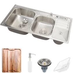 Cuba para Cozinha Pia Dupla em Aço Inox Nukini com Acessórios Lixeira e Tábua de Corte Pingoo