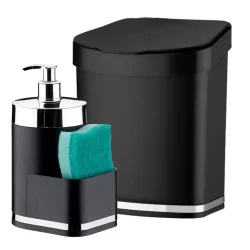 Kit Pia 2 Peças Dispenser Porta Detergente E Bucha Lixeira 2,5L Preto e Cromado Future