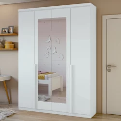 Guarda-roupa Solteiro com Espelho 4 Portas 2 Gavetas Alonzo 100% MDF Branco
