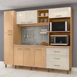 Cozinha Compacta 8 Portas e 3 Gavetas Vitória  Amêndoa/Avelã